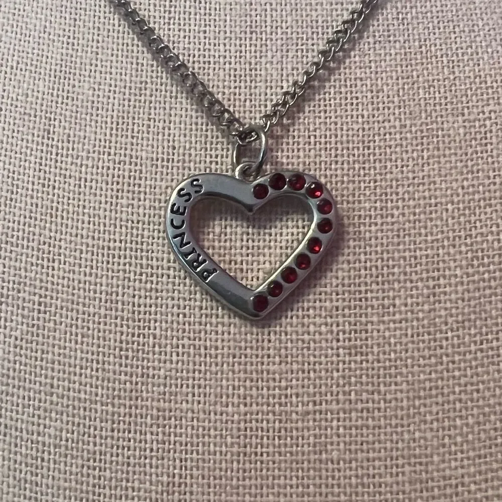 NWOT Disney Princess Red Rhinestone Heart Silver Necklace